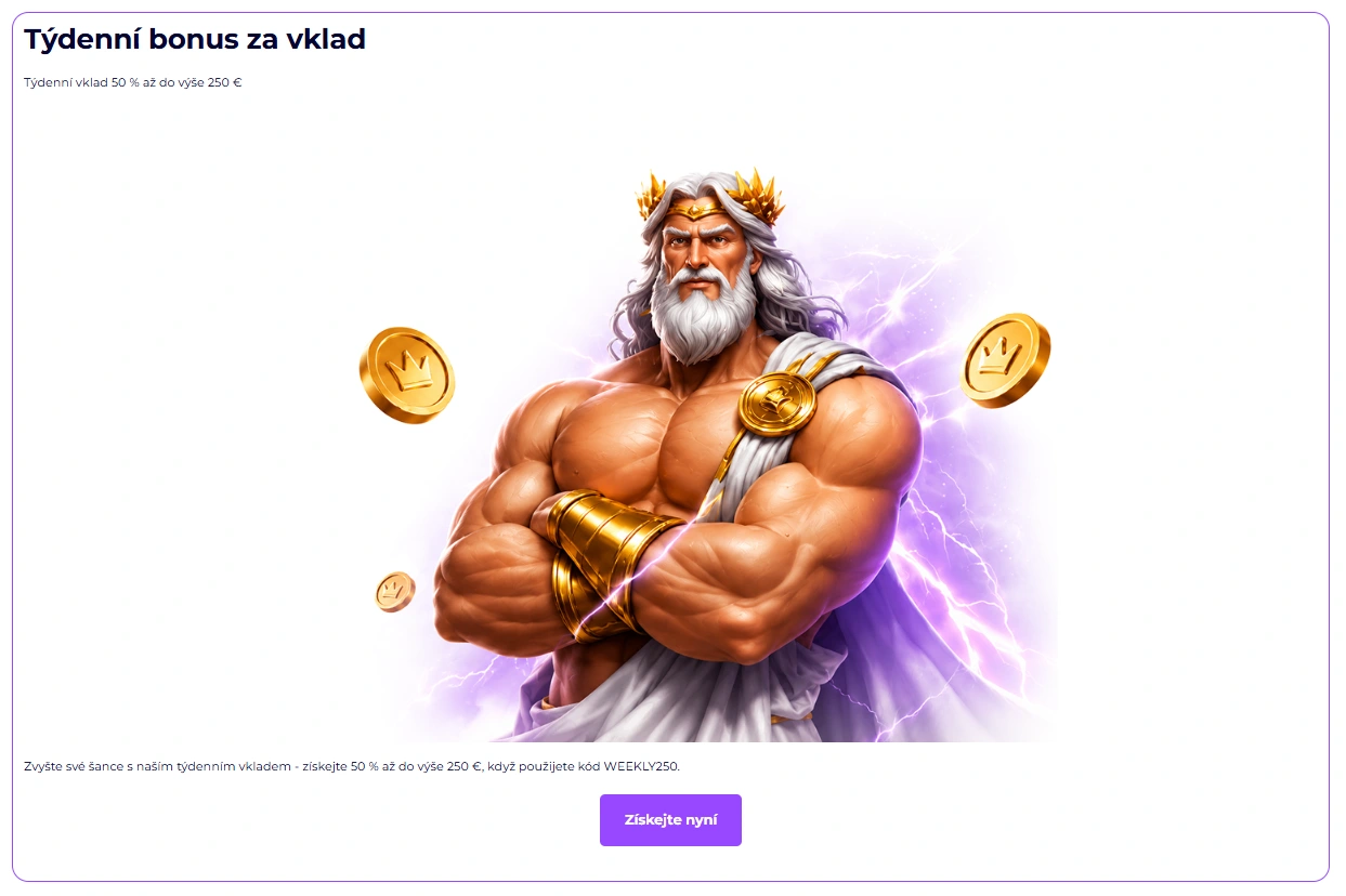 Týdenní bonus za vklad 50 % až do 250 € v kasinu SlotRoyals