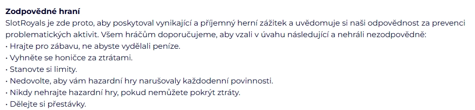 Pravidla odpovědného hraní v kasinu SlotRoyals
