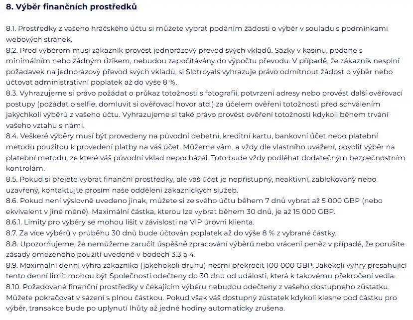 Podmínky výběru finančních prostředků z účtu SlotRoyals