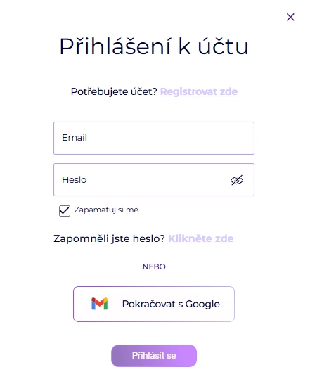 Přihlašovací formulář k účtu SlotRoyals s e-mailem a heslem